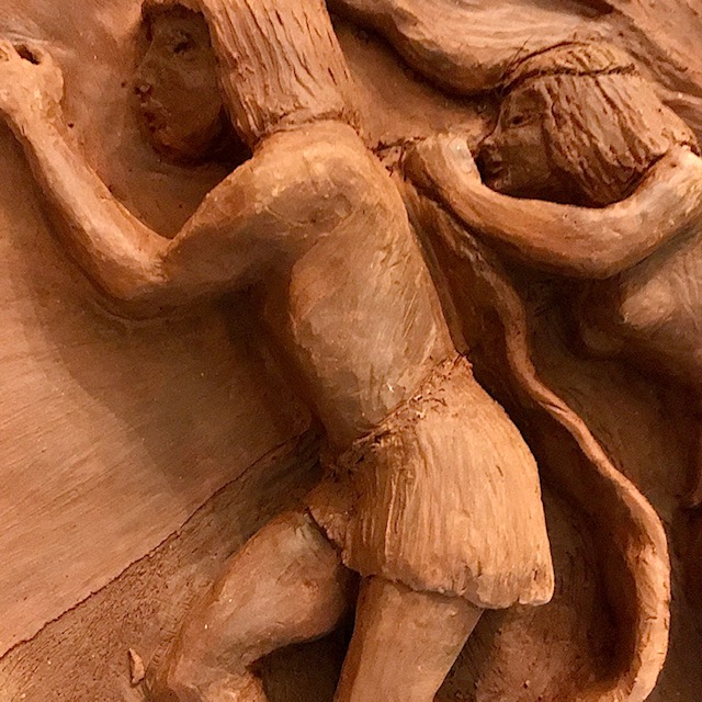 Biblical sculpture Joseph and Potiphar's Wife. Shown while a work in progress